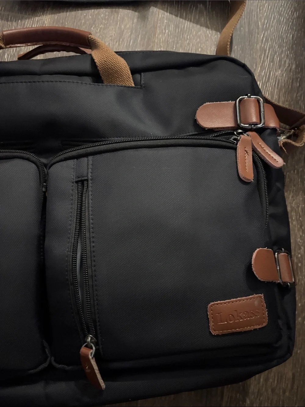 Convertible Black Briefcase Messenger Bag w/ Tan Accents hidden backpack straps